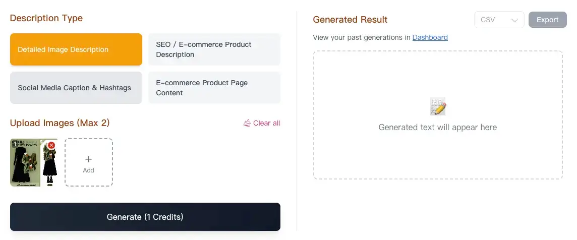 AI Image Describer Step 1: Upload image interface showing drag and drop area