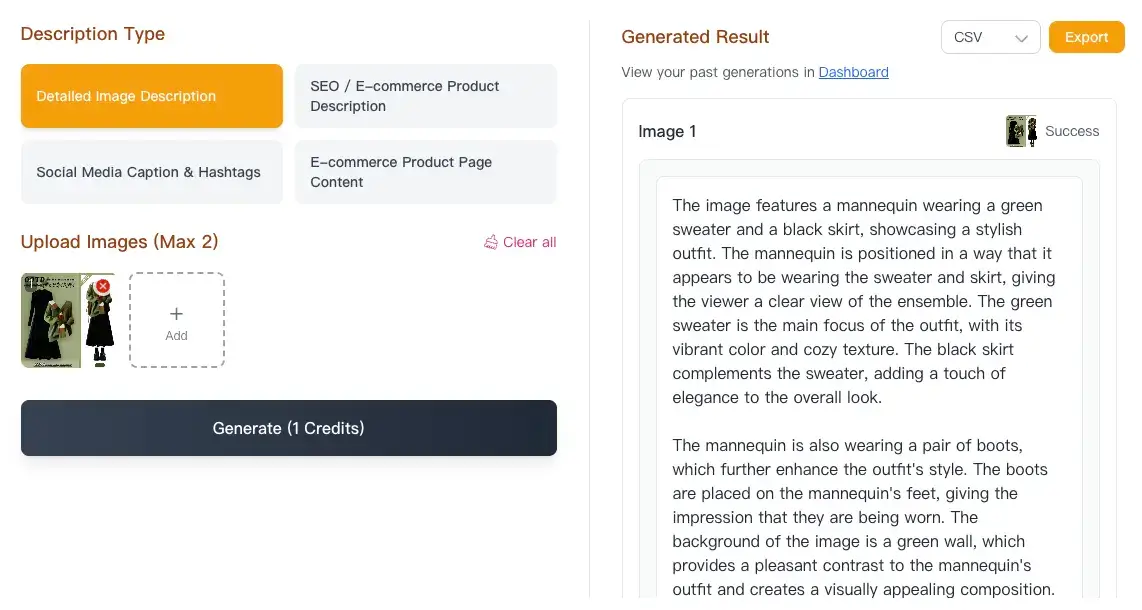 AI Image Describer Step 2: Select description type from available options
