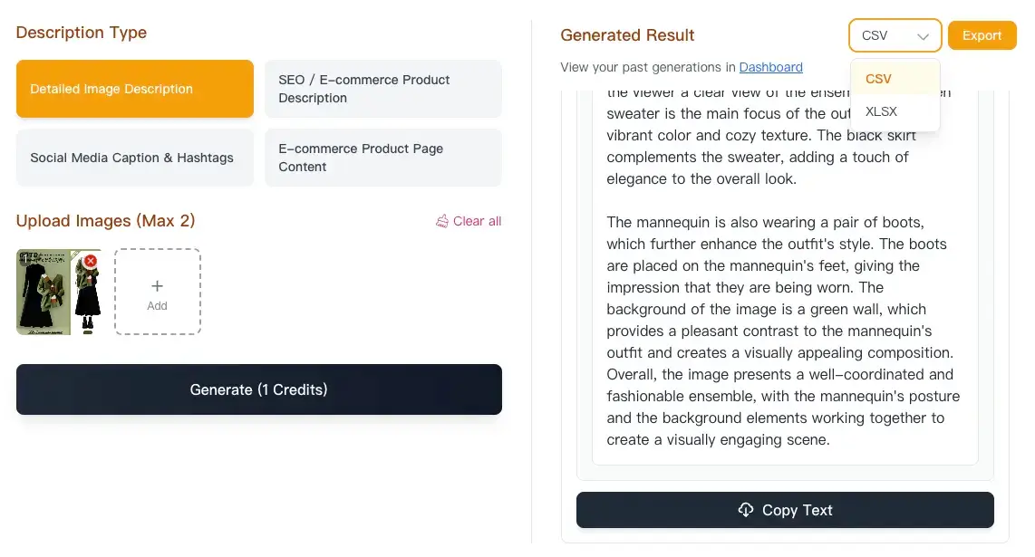 AI Image Describer Step 3: Review and export generated descriptions